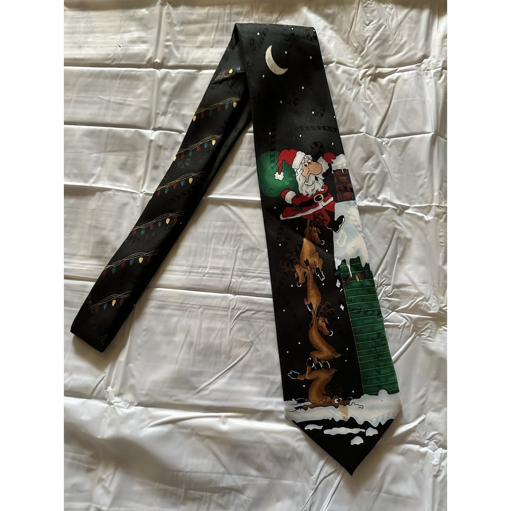 Christmas 58" Neck Tie Santa Reindeer on Chimney Yule Tie Greetings By Hallmark